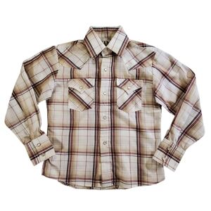 K1422 * Ely Cattlemen Boys Plaid Western Shirt Pearl Snap Long Sleeve Size S
